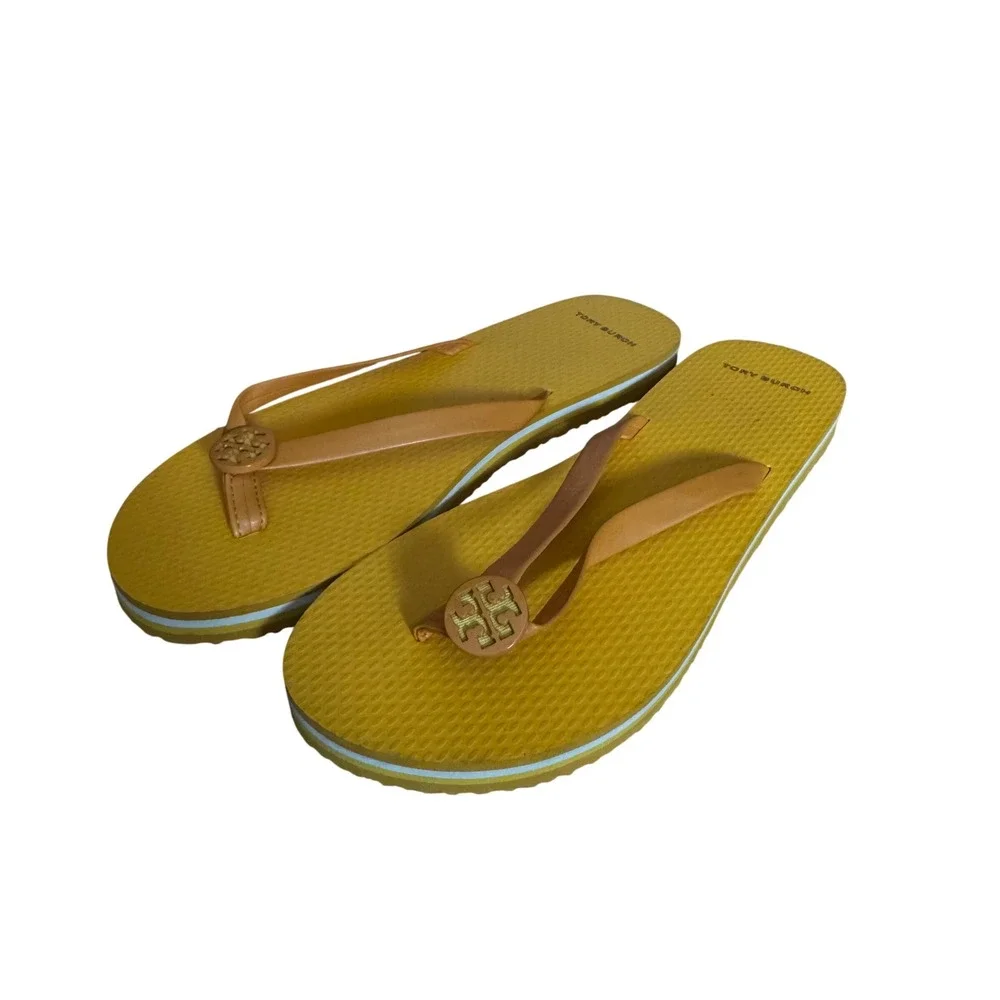 Tory Burch Yellow Tan Leather Mini Minnie Logo Flip Flop Sandals Womens Chic Sz9